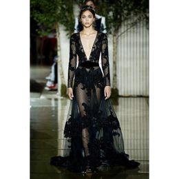 Sexy Black Zuhair Murad Deep Newest Prom V Neck Shiny Lace Applique Illusion Long Sleeves Formal Dresses Evening Wear