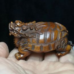 Sculptures 1919 Antique art 2.6" Old Chinese boxwood hand carved dragon turtle statue netsuke table Decoration Gift collectable