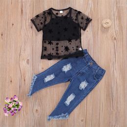 Clothing Sets Little Girl Outfit Summer Clothes Short Sleeve Star Sheer T Shirt Tops Sling Camisole Long Ripped Elastic Band Denim Pants