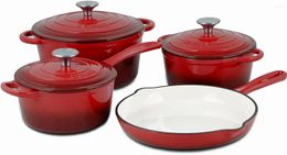 Cookware Sets Basque Enameled Cast Iron Set (Rouge Red) 7-Piece Nonstick Oversized Handles Oven Safe; 10.25" Skillet