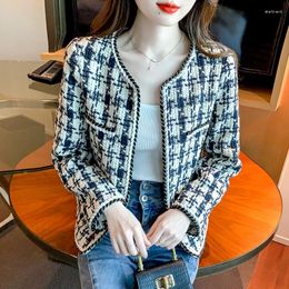 Women's Jackets ZCJDIN Small Fragrance 2024 Women Autumn Winter Plaid Tweed Wool Coat Jacket O Neck Long Sleeve Fashion Vintage Outwear