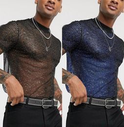 Men039s TShirts Men See Through Short Sleeve Sequin Shiny Mesh Shirts Casual Sexy Sheer Club Top Nightclub Erotic Tops Clothes3607664