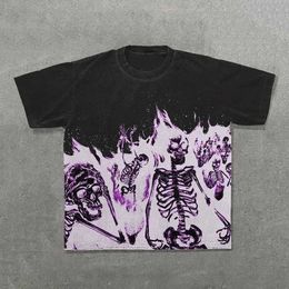 Men's T-Shirts Gothic Tie Dye Print Skull Sketon Pattern T Shirt Y2k Retro High Strt Fashion Loose Short Seve Black Wash Harajuku Tops H240508