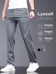 OUSSYU Brand Spring Summer Soft Stretch Lyocell Fabric Mens Casual Pants Thin Slim Elastic Waist Business Grey Trousers Male 240507