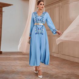 Casual Dresses 2024 Autumn Party For Women Embroidery Long Sleeve Belted Kaftan Abayas Muslim Dubai Gowns Morocco Evening Vestiods