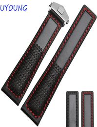 s 22mm Black red Genuine Leather Watch Band Men Air Permeability With Holes Strap CJ1912258926496