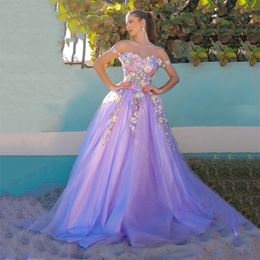 3D Floral Appliques Lavender Prom Dresses Off The Shoulder Long Tulle A line Quinceanera Dress 2024 Romantic Evening Gowns Vestido De Novia