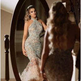 Halter Dresses Illusion Mermaid Evening Beads Mor Lace Sequins Floor Length Prom Dress Party Wear Plus Size Formal Gowns