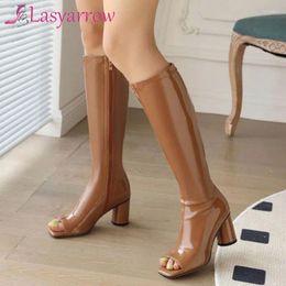 Boots Lasyarrow White Leather Thigh High Knee Sexy Open Toe Stripper Heels Booties Fashion Zip Motorcycle Shoes Women Pumps