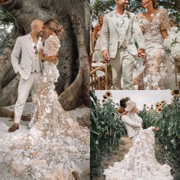 Sukienki z szampana z szampanem 3D w syrenie Wedding Koronki Zastępiono puste tylne plecy w połowie długich rękawów boho sukienka plaż
