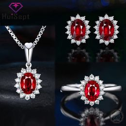 HuiSept Elegant Silver 925 Earrings Jewellery Set Oval Shape Sapphire Zircon Gemstone Pendant Necklace Open Ring for Women Wedding 240507