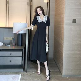 Party Dresses Black Dress Female 2024 Summer Style Lace Doll Collar Over The Knee Long Short-sleeved Printed Pullover Midi Women