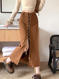 Skirts Aotvotee Casual Streetwear For Women 2024 Designer Vintage High Waist Lace Up Denim Slit Solid Washed Midi