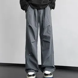 Men's Pants Waterproof Unisex Cargo Rivet Decor Loose Wide Leg Trousers Side Pockets Elastic Waist Streetwear Outdoor Long