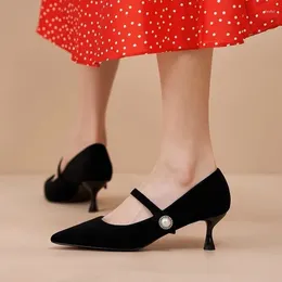Dress Shoes Women 2024 Fashion Pearls High Heels Female Elegant Small Size 35-39 Low Heel Stiletto Black Pumps Zapatos Mujer