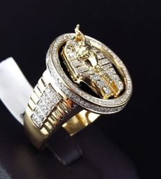 Wholep Gold Silver Colour Egyptian King Tutankhamen Ring Egypt Pharaoh King Motor Biker Mens Icro Paved Stone Round Rings2109216