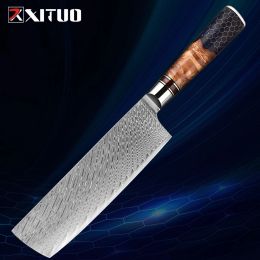 Damascus Nakiri Knife, 7 Inch Professional Kitchen Knife, All Purpose Chef Knife Meat Cleaver Vegetables Chopping, Razor Sharp