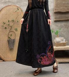 Ethnic Clothing 2024 Chinese Traditional Skirt National Flower Embroidery Cotton Linen Jacquard Vintage Elastic Waist A-line Folk