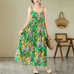 Casual Dresses Patchwork Print Floral Sleeveless Summer Strap Dress Soft Cotton Blend Holiday Travel Style Fashion Women Beach