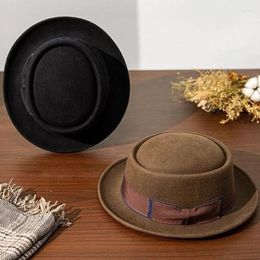 Berets Austrailian Wool Mens Fedora Hat - Flat Top Short Brimmed Felt Whith Black Coffee Colour