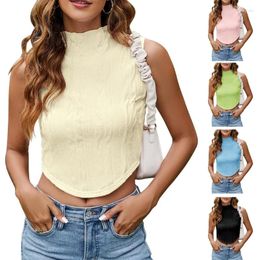 Women's T Shirts Women Summer Sleeveless Ruffle Mock Neck Ruched Textured Top Asymmetrical Basic Solid Bodycon Crop Shirt