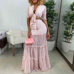 Work Dresses Women's Fashion Striped Two Piece Dress Sets Female Summer Bohemian Sexy Maxi Long Skirts And Slim Tie Front Crop Tops 2pcs