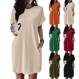 Casual Dresses Women Blouse 2024 Oversized T-shirt O Neck Cotton Blend Solid Color Short Sleeve Loose Top Tunic