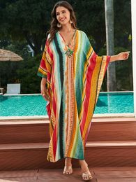 Colourful Striped Print Plus Size Kaftan Casual Hand-knit V-neck Beachwear Swimsuit Cover Up Women's Summer Loose Robe Q1628
