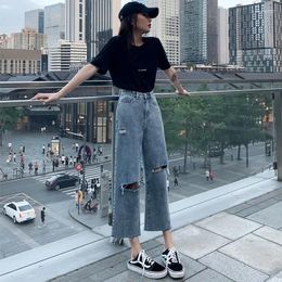 Women's Jeans With Holes Cropped Pants Stylish Women's Clothing Spring Summer 2024 Korean Style Vintage Clothes 90s Streetwear Grunge