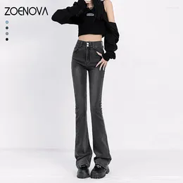 Women's Jeans ZOENOVA 2024 High Waist Women's Grey Micro Flare Pants Y2K Korean Fashion Length Ladies Strecth Denim Trousers