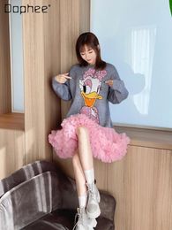 Women's Hoodies Fashion Bead Cartoon Pattern Puffy Tulle Stitching Knitted Dress Women Autumn Winter Loose Mid-Length Pullover Sweater
