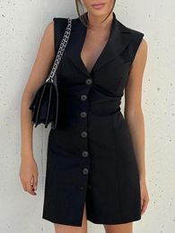 Casual Dresses Office Lady Single Breasted Sleeveless Blazer Dress Elegant Womens Summer Turn-down Collar Tunics Slim Black Short 2024