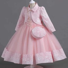 Girl's Dresses 2024 New Girls Dress Fluffy Gauze Princess Dress Three piece Set High end Long sleeved Birthday Wedding DressL240508