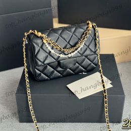Luxury Lambskin Black Shoulder Bags With Pearls Chain Clutch Classic Mini Flap Square Quilted Gold Chain Crossbody Handbags Zipper Pouch With Serial Number 20cm