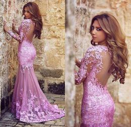 Charming Pink Mermaid Prom Dresses With Sheer Long Sleeves Applique Lace Bridal Party Dress Custom Made Evening Gown 20194242995
