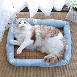 Cat Beds Furniture Summer Cat Bed Cushion Ice Silk Cool Pet Mat Small Medium Big Cat Sleeping Bed Nest Breathable Sofa Cooling Rattan Pet Matress d240508