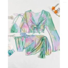 Women's Swimwear 4 Pieces Set Swimsuit Women Tie Dye Sexy String Bikini With Sarong Skirts Long Sleeve Cover Up Beach Bathing Suit