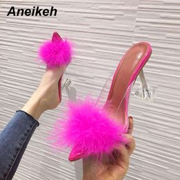 Summer Fashion Feather Peep Toe Mules Sandals Pumps Woman PVC Transparent Perspex Crystal High Heels Lady Slides Shoes