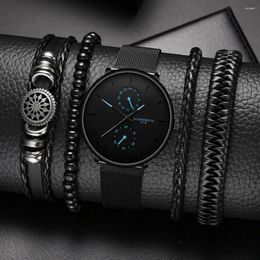 Wristwatches 5Pcs Men's Fashion Ultra Thin Business Three Eyes Digital Blue Needle Mesh With Quartz Watch Luxury Simple Leather Bracelet Set