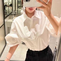 Women's Blouses White Loose Shirt French Elegant Top 2024 Summer Temperament Rose Applique Short-sleeved Design Clothing