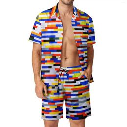 Men's Tracksuits Color Block Print Men Sets Abstract Art Casual Shorts Vacation Shirt Set Summer Vintage Suit Short Sleeve Big Size Clothes