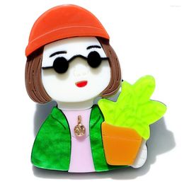 Brooches CINDY XIANG Acrylic Holding A Green Plant Little Girl Brooch Fashion Cute Cartoon Jewellery 2 Style Available Design 2024