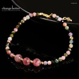 Strand Change Better Natural Stone Faceted Tourmaline Strawberry Quartz Thin Bracelet Women Fashion Elegant Adjustable Chain Bangles