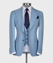 Men's Suits Blazer Set Suit Male Sky Blue Slim Fitted Men Wedding Groom 3 Pieces Social Business Style Costumes Jacket Wind Resistant