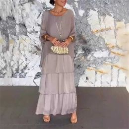 Basic Casual Dresses Female Elegant Solid Chiffon Boho Long Dress 2024 Spring Round Neck Women Pullover Dress Autumn Half Bat Slve Cake Skirt Dress T240505