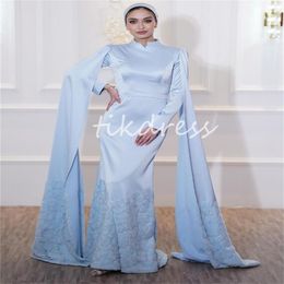 Kaftan Moroccan Evening Dresses 2024 Blue High Neck Muslim Turkish Prom Dress High Neck Long Sleeve Florals Islamic Muslimah Formal Abayas Party Gowns Robe De Mariee