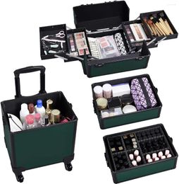 Storage Boxes Rolling Makeup Case Large 4 In 1 Professional Train Cosmetic Organizer Travel Dark Green