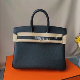 Handbag Platinum Black 25cm Silver Buckle German Togo Calf Full Hand Sewn Honey Wax Thread Handbag for Women Handmade Genuine Leather