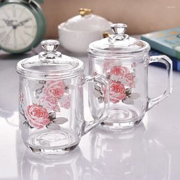 Mugs Glass Mug Vintage Flower Pastoral Coffee Cup With Lid Transparent Elegant Breakfast Milk Teacup Home Drinking Ware