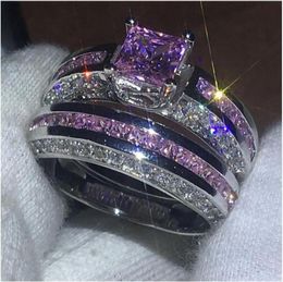 Whole Fashion Anniversary ring Set 10KT White Gold Filled Engagement wedding band rings for women Pink 5A zircon Jewelry8113938